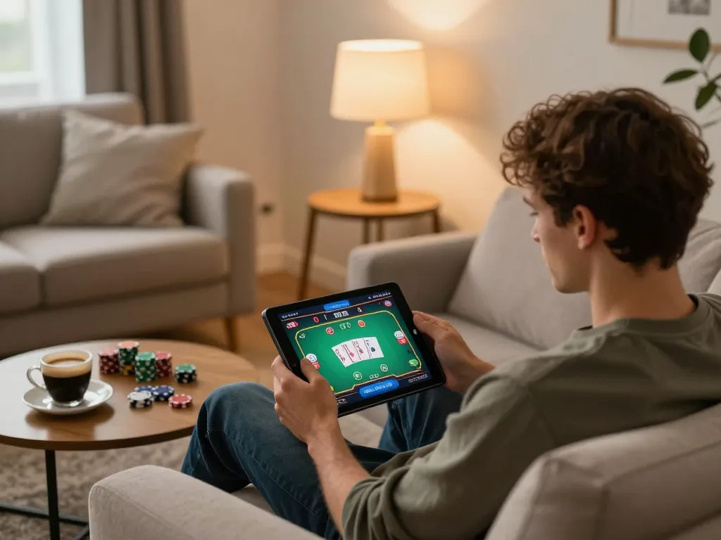 8day user engaging in online poker gaming from home, showcasing cozy environment and strategic gameplay