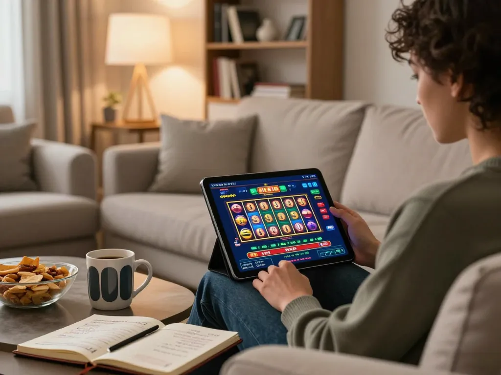 Engaging with 1gom online casino on tablet in a cozy home setting.