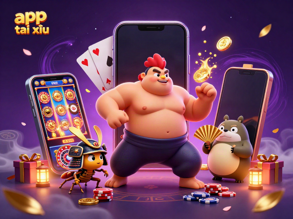 Engaging scene of app tài xỉu featuring a powerful sumo rooster, fierce samurai cricket, and tanuki announcer amidst casino elements