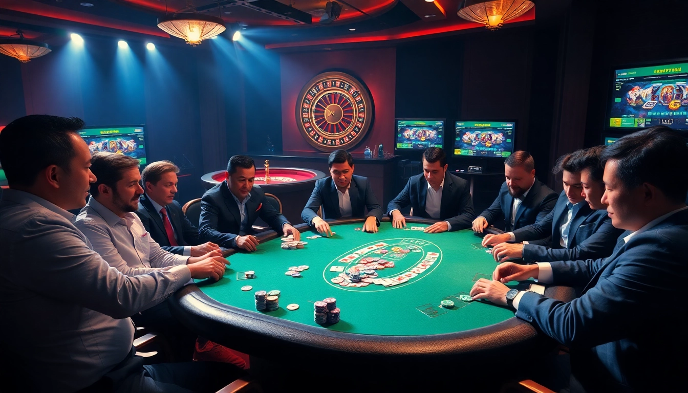 Players at a poker table in a vibrant casino setting, showcasing thrilling gambling moments at chotruyen.