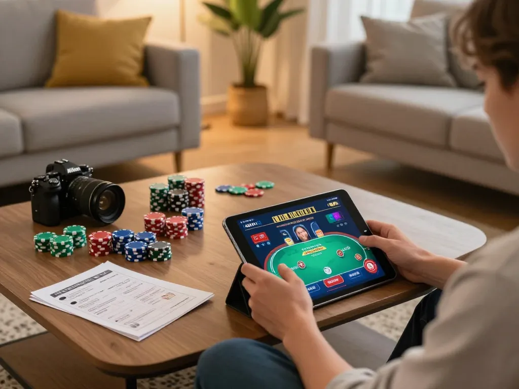 Person engaging in online gambling on TR88 using a tablet at home, showing dynamic poker game.