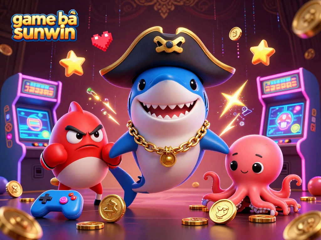 Experience the thrill of game bài sunwin with vibrant arcade characters and casino elements in this dynamic illustration.