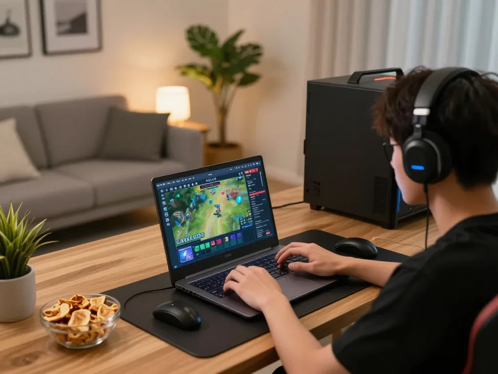 Player engaged in game bài đổi thưởng on laptop at home, showcasing an exciting gaming environment.