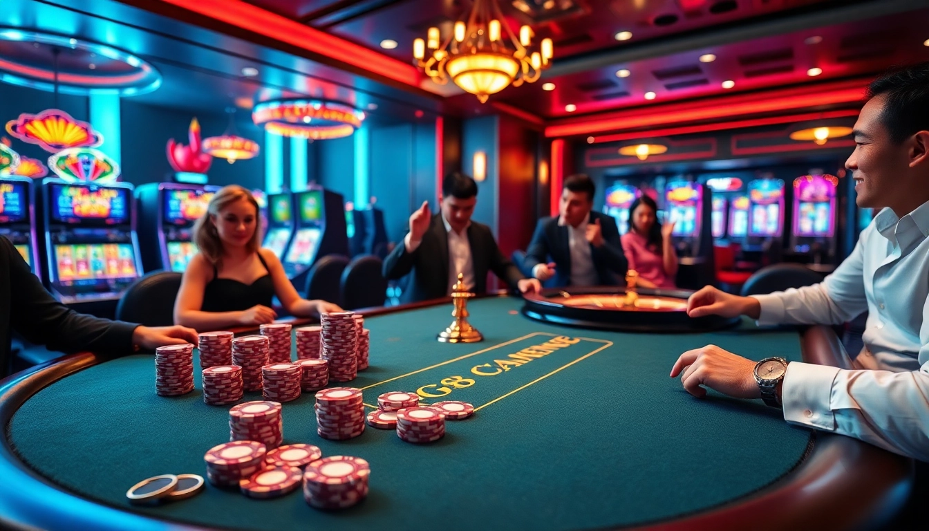 Players enjoy a strategic game at the Go8 poker table in a luxurious casino.
