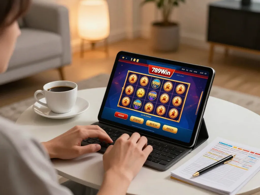 Engaging in online games on 789Win platform, featuring casino activities and strategy notes.