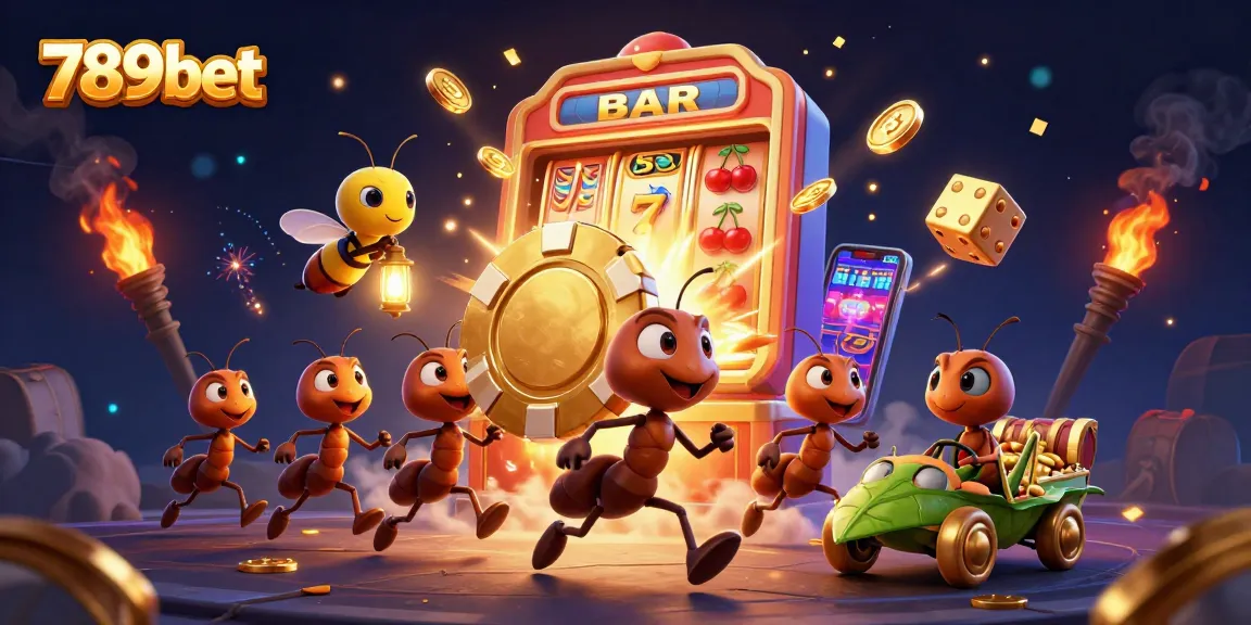 Bettors enjoy a thrilling moment with 789bet as ants carry a giant poker chip amidst a jackpot explosion.