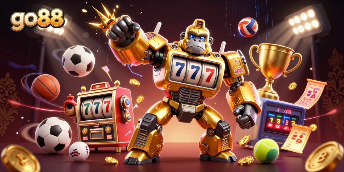 Experience go88's dynamic gaming with a golden gorilla mech and flying sports elements in this vibrant 3D illustration.