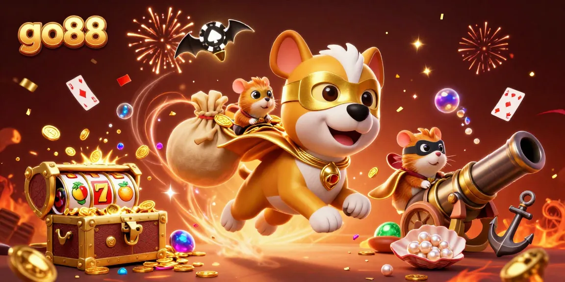 Experience thrilling gameplay at go88 with a dynamic scene of characters amidst gold coins and casino elements.