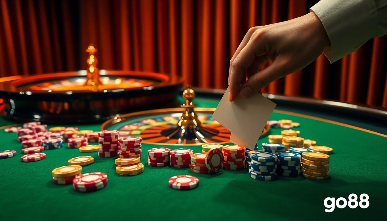 Feel the thrill at the go88 casino table with vibrant chips and rolling dice.