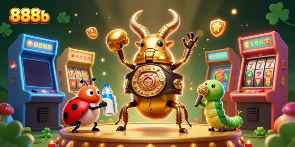 Experience the excitement of gambling with 888b, featuring colorful arcade machines and dynamic characters.