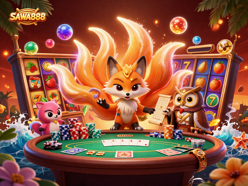 Experience the vibrant SAWA888 gaming world with colorful characters and dynamic slot elements.
