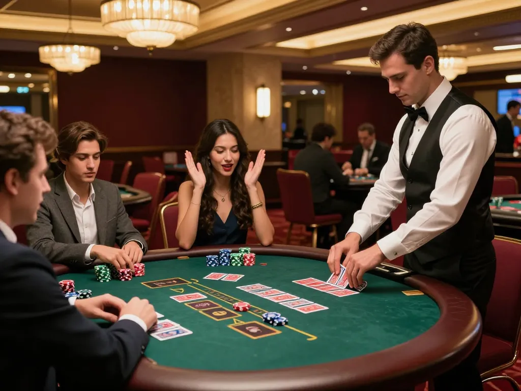 U888 players celebrating a blackjack win at a vibrant casino table with colorful chips.