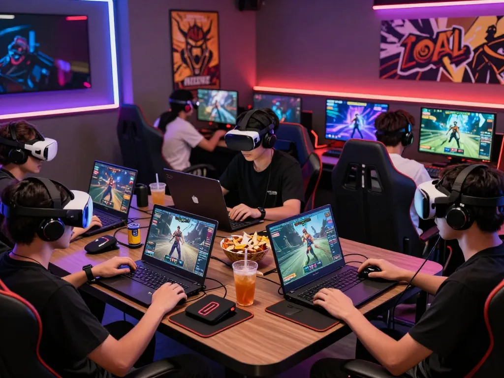 Players enjoying live games on RIKVIP in a vibrant gaming lounge, showcasing high-tech devices and exciting atmosphere.