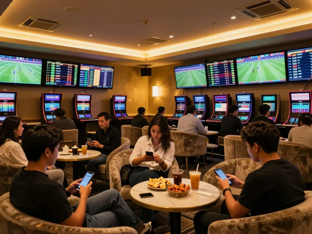 Engaged bettors analyzing live odds on keobongda in a modern sports betting lounge