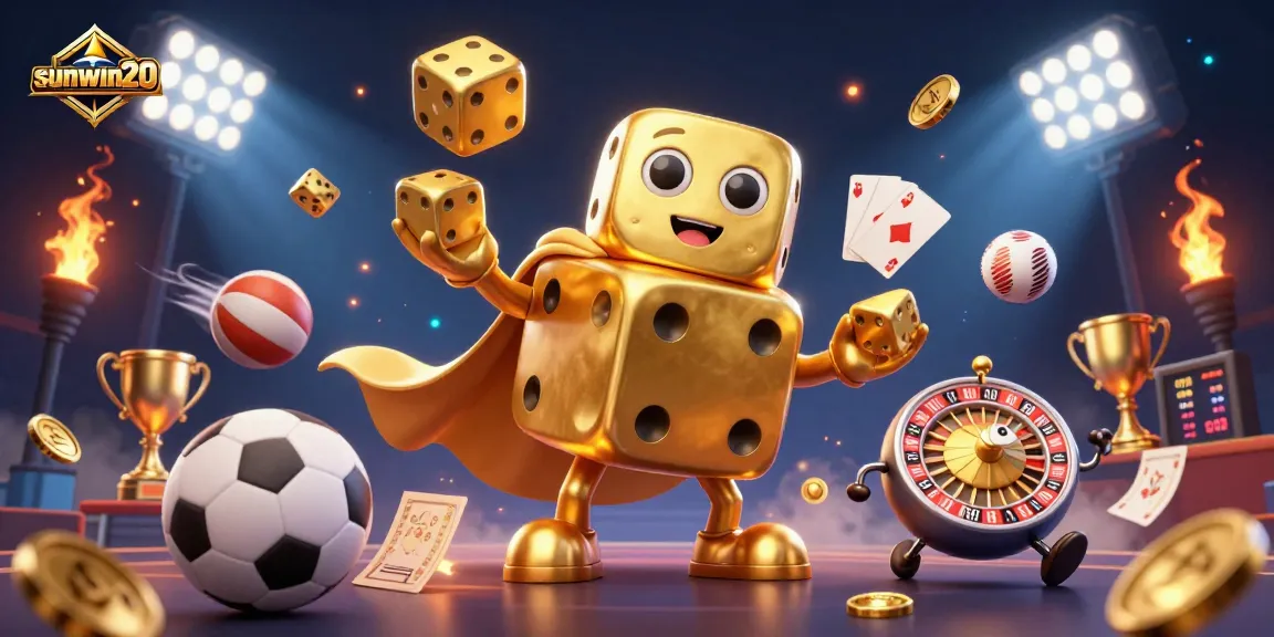 Experience the thrill of winning at sunwin20 with vibrant golden dice, sports elements, and casino excitement.