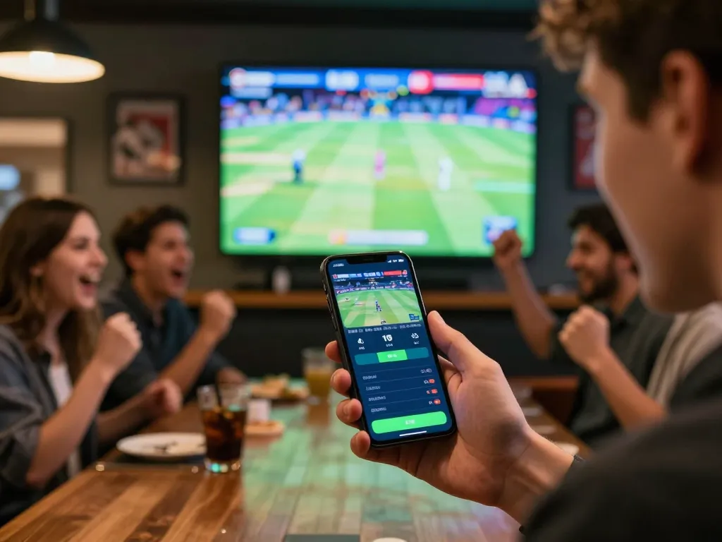 Joya9 best cricket: Betting on live cricket matches using a mobile app in a vibrant sports bar environment