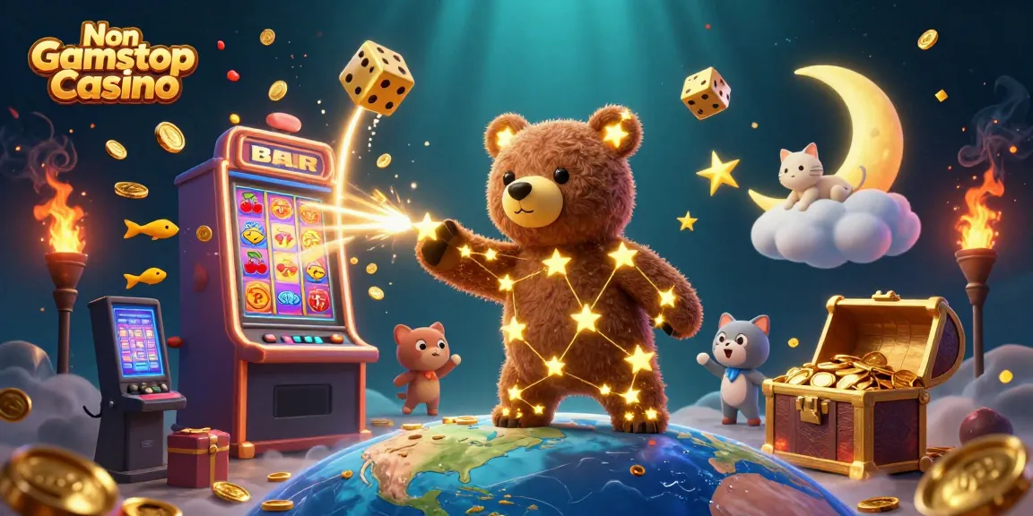 Engage with the Non Gamstop Casino scene featuring gold coins, slot machines, and vibrant characters.