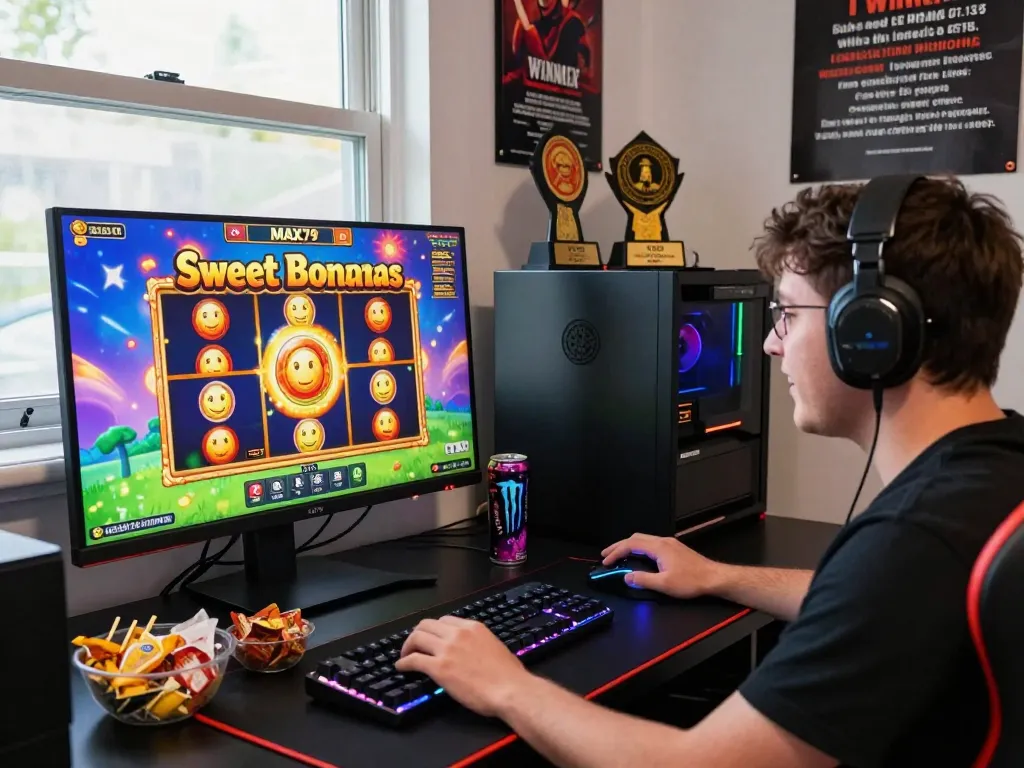 Exciting MAX79 gaming setup with jackpot win on screen, energizing atmosphere.