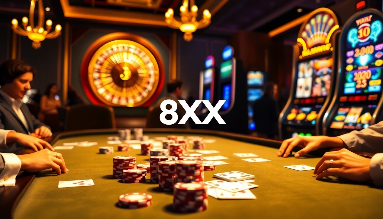 Engaging gamblers at an 8XX online casino table, surrounded by poker chips and a roulette wheel.