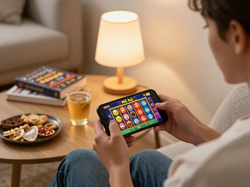 Nổ hũ gaming session on smartphone at home with vibrant slot game graphics.