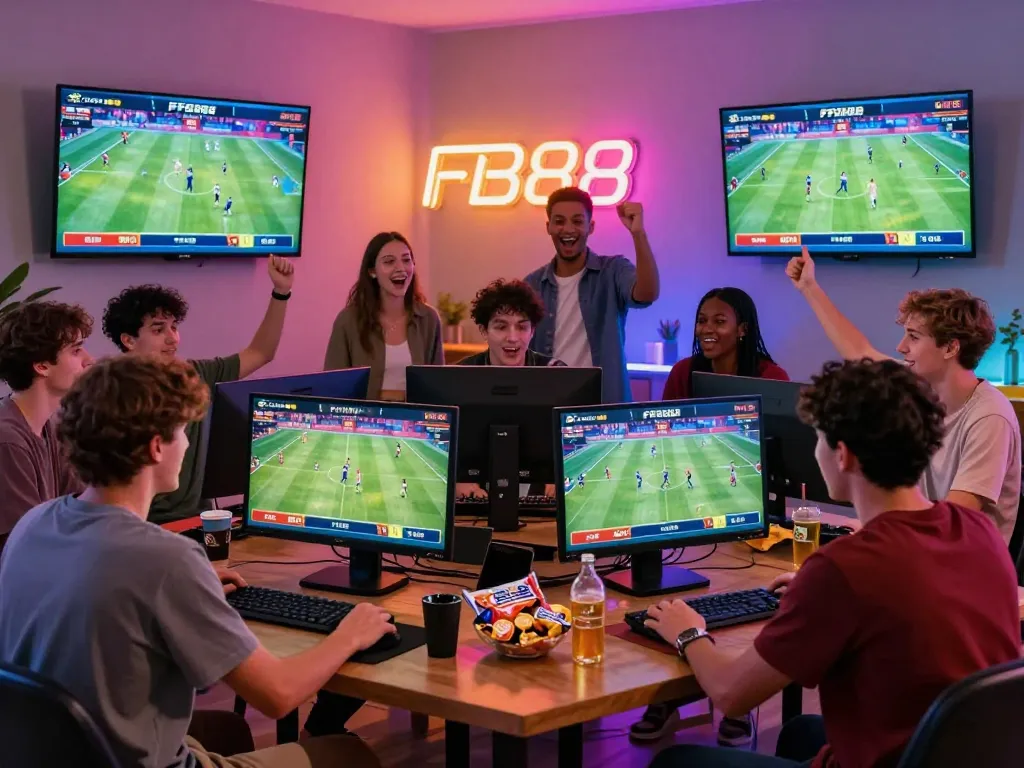 Friends engaging in online betting on the FB88 platform in a lively setting, capturing the excitement of sports wagering.