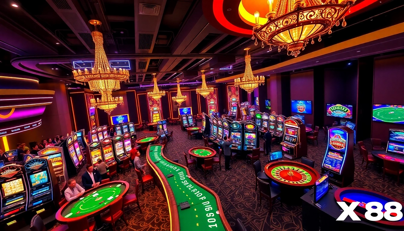 X88 casino players enjoying online games at elegant tables with vibrant colors.