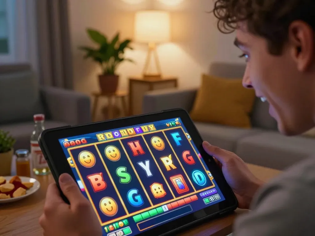 Player engaged in spinning reels on 888slot tablet, showcasing vibrant and exciting online gaming experience.