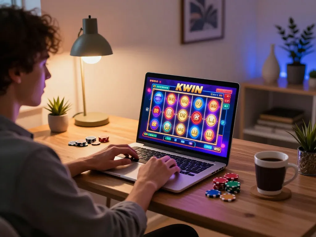 KWIN online gaming interface displayed on laptop with player actively engaging in a session.