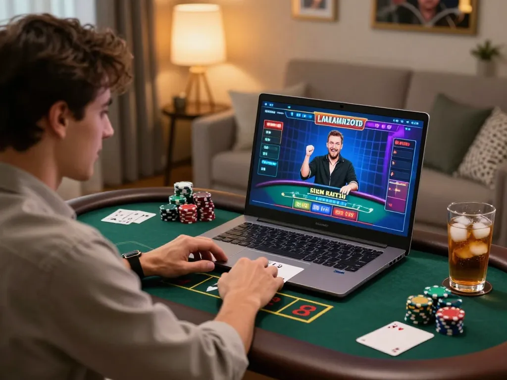 rokok88 player enjoying live dealer blackjack at home with laptop and snacks