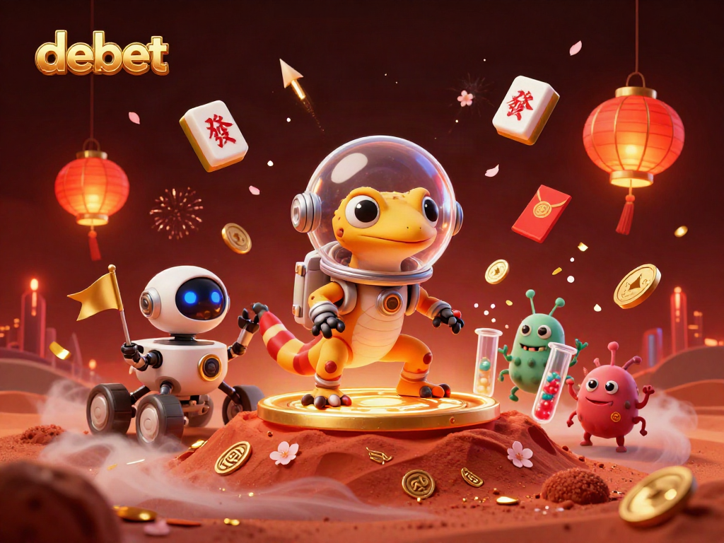 Experience the excitement of debet at a golden casino on Mars with a Martian gecko and alien cheerleaders.