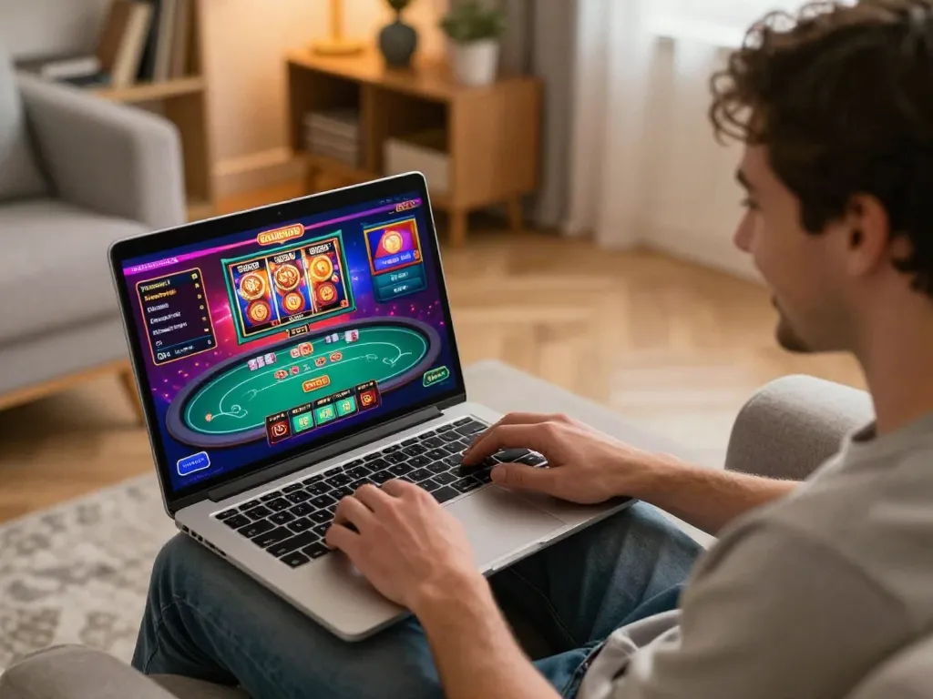 58win player immersed in online casino gaming session on a laptop, showcasing excitement and strategic gameplay.