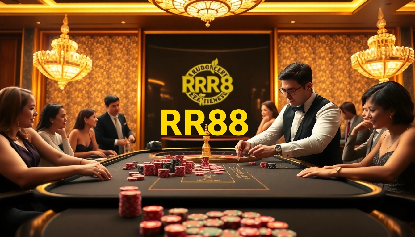 Experience the excitement of RR88 with poker chips and a roulette wheel in a luxurious casino setting.