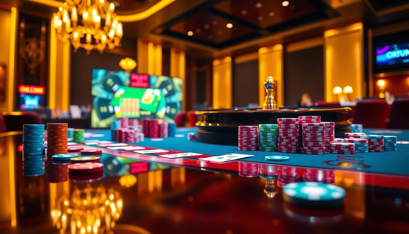 Experience the excitement of Okfun with players enjoying a vibrant casino atmosphere and poker action.