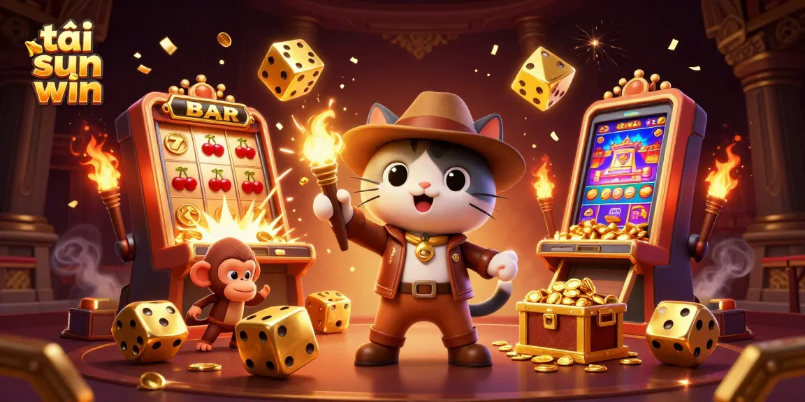 Tải sun win features a 3D cartoon archaeologist cat and monkey discovering treasures in a casino-themed temple.