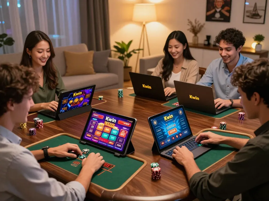 Players enjoying their gaming experience on Kwin's platform in a cozy home setting, emphasizing responsible gambling.