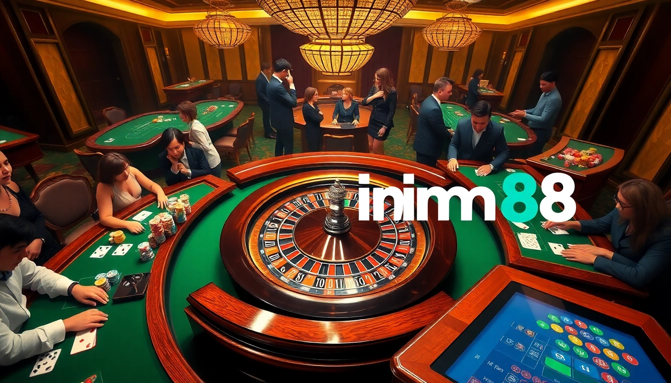 Experience a thrilling game session at kim88, where players engage at roulette and poker tables.