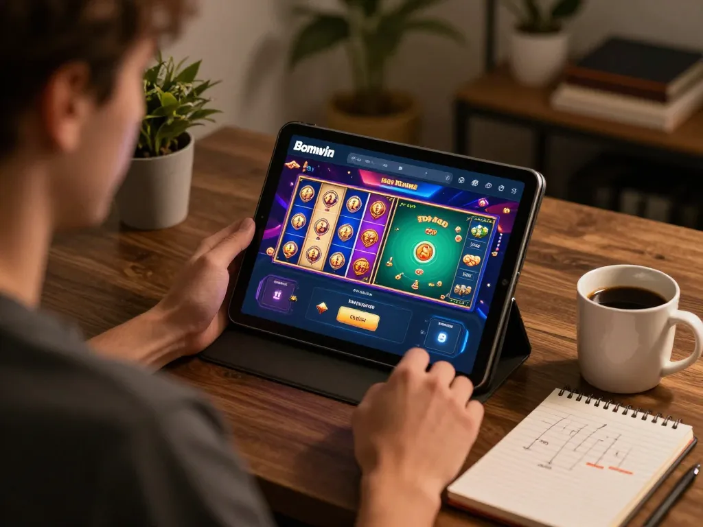 Engaging in Bomwin's exhilarating online gaming experience on a tablet from home