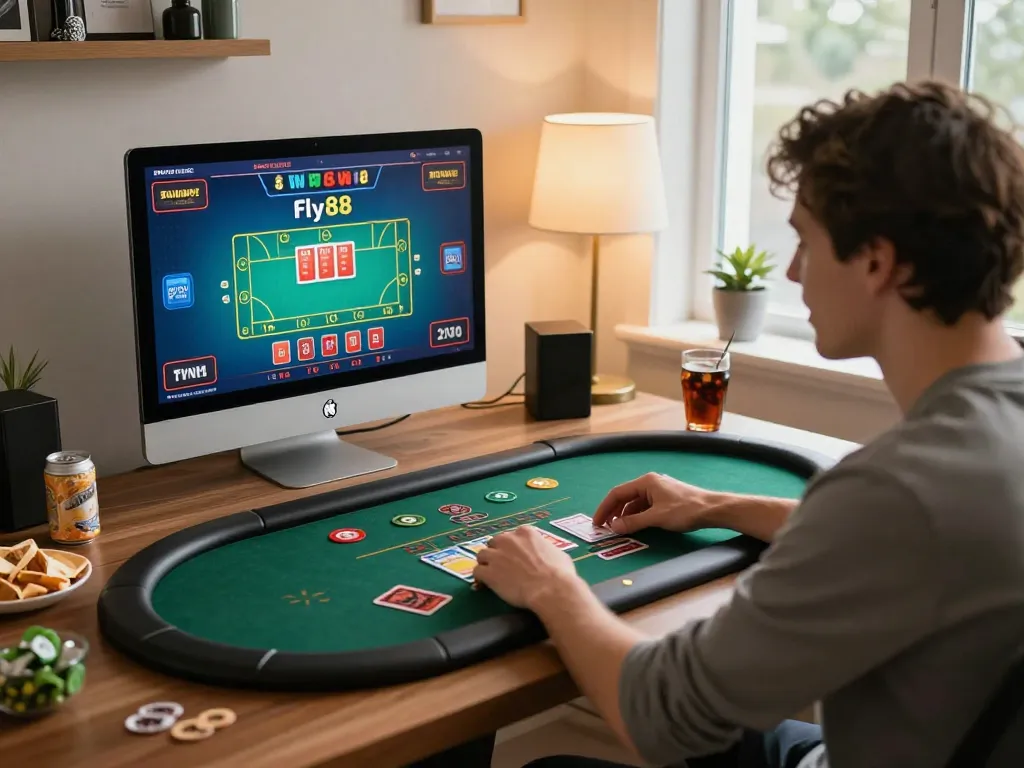 Player enjoying online gambling at Fly88 with live dealer interface in a cozy environment