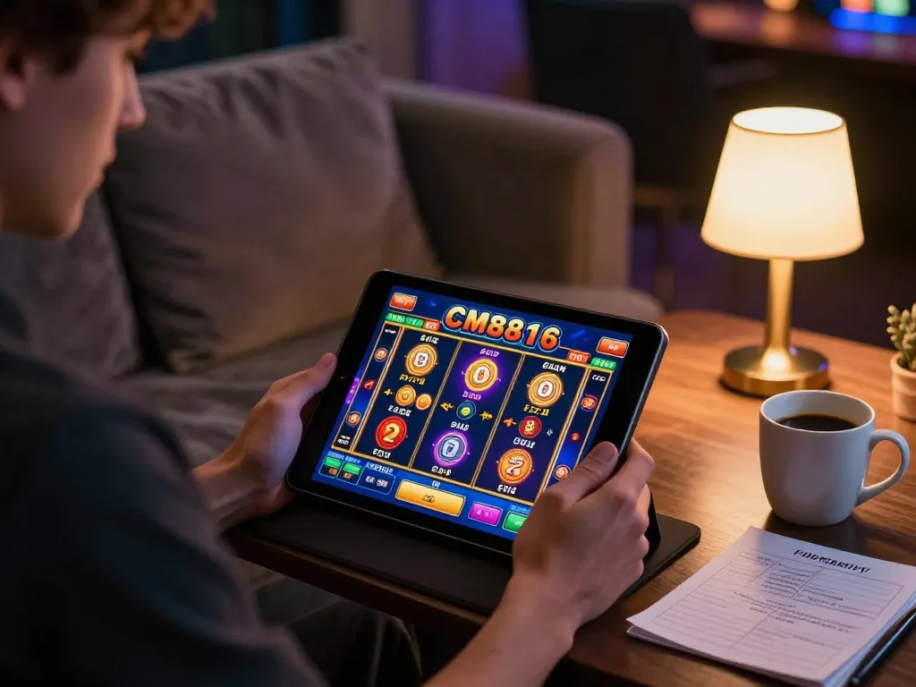 Experience excitement at nhà cái CM88 while playing on a tablet at home with warm lighting.