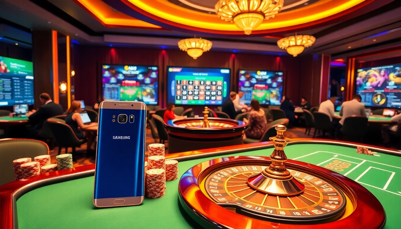 An exciting gambling scene showcasing the S8 in a luxurious casino filled with poker chips and roulette wheels.