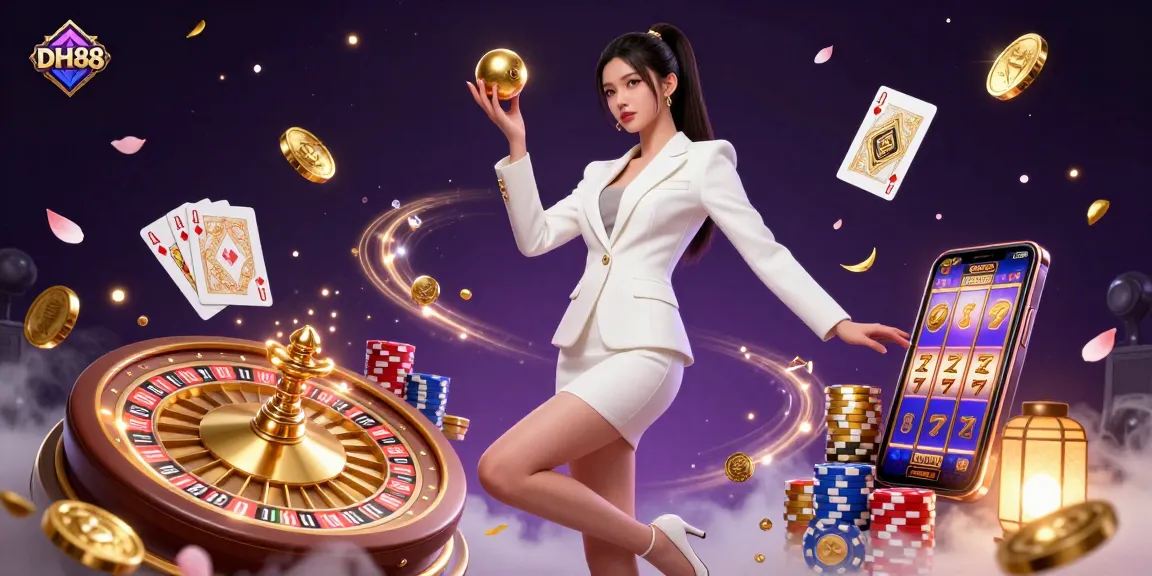 Experience the thrilling world of DH88 with a high-stakes casino scene filled with vibrant elements and spinning roulette.
