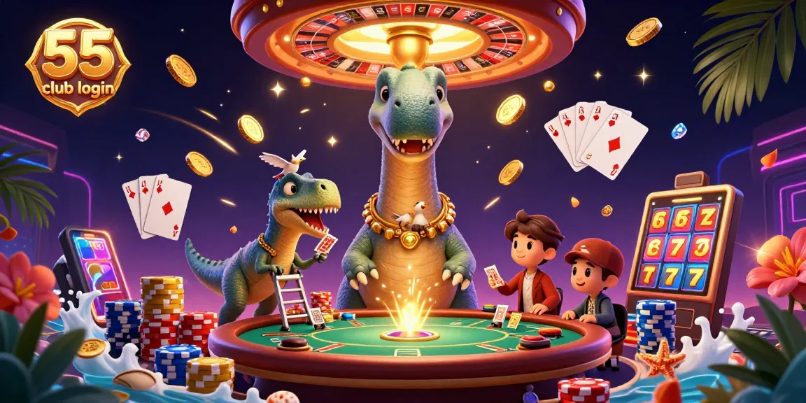 Experience thrills with 55 club login while a clever raptor deals cards at a towering dino casino