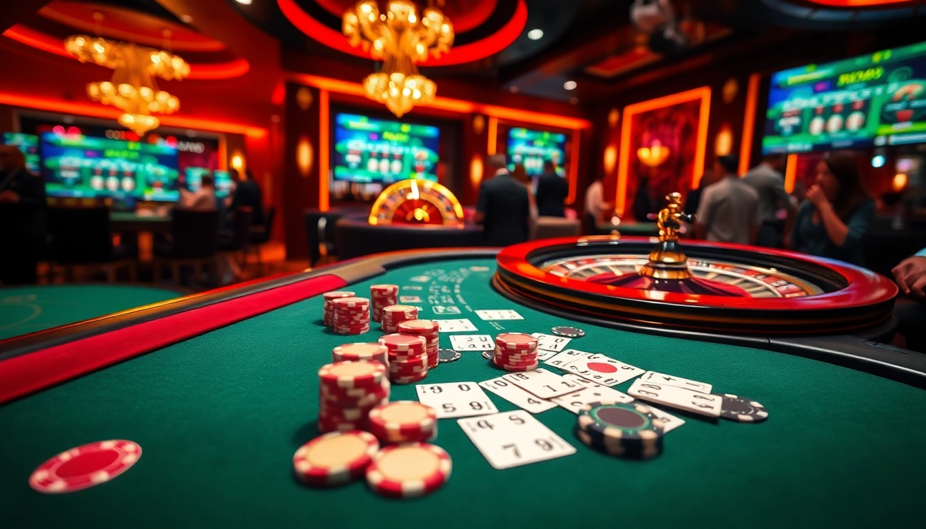 Action-packed casino scene emphasizing NOHU90 with poker gameplay and roulette excitement.
