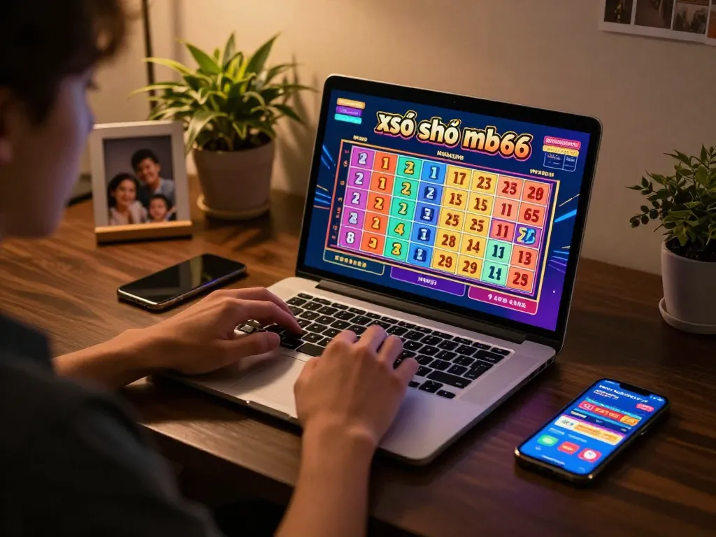 xổ số mb66 online gaming session with a person engaged on a laptop and smartphone