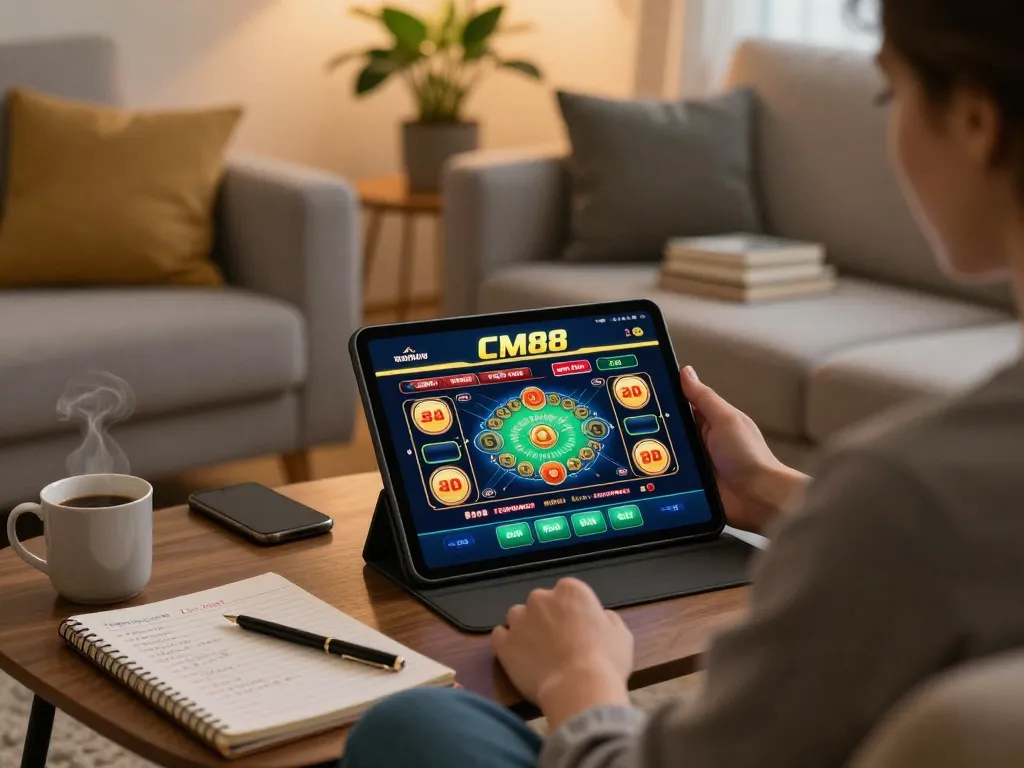 Player engaging with CM88 online casino app in a cozy home setting while strategizing.