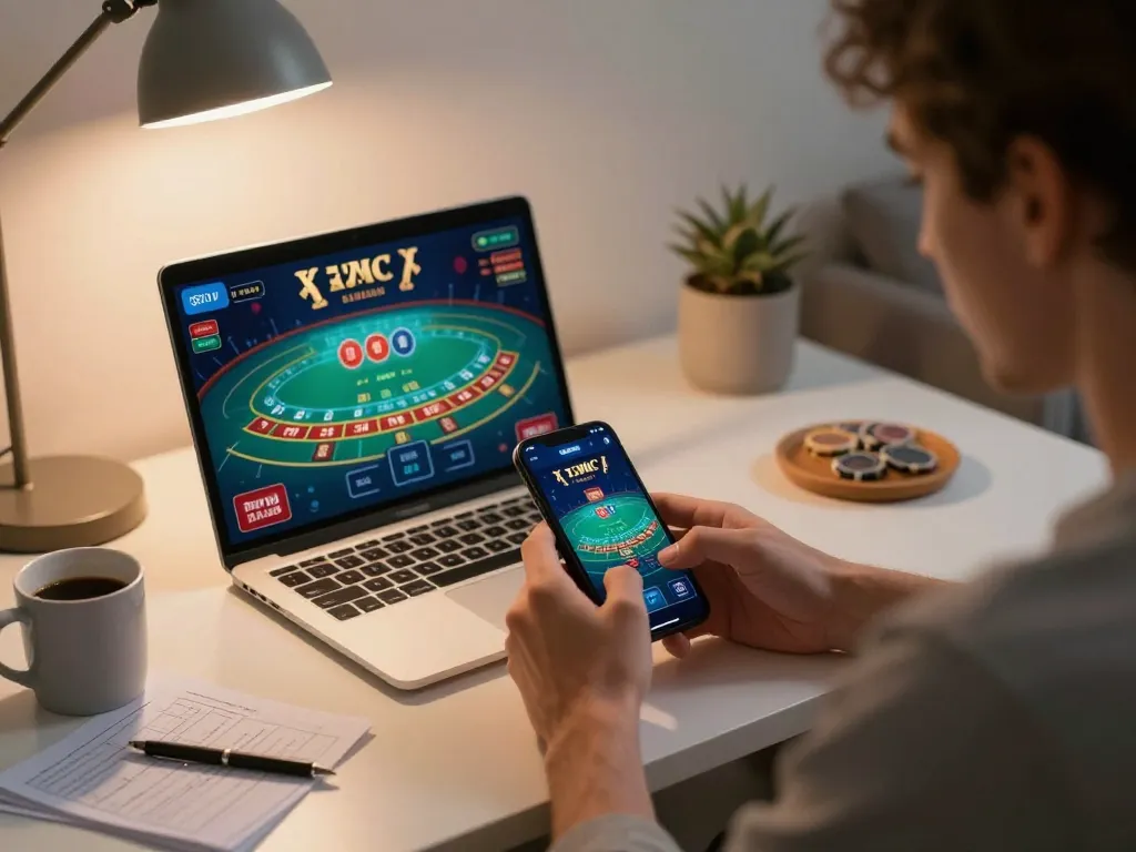 Player engaging with the KJC online casino app on smartphone during a strategic blackjack game.