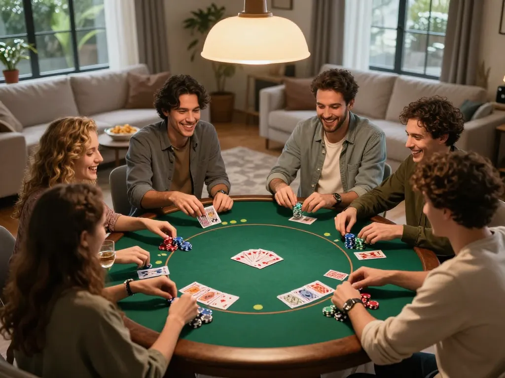 Friends playing game bài đổi thưởng during a lively home poker night with drinks and snacks.
