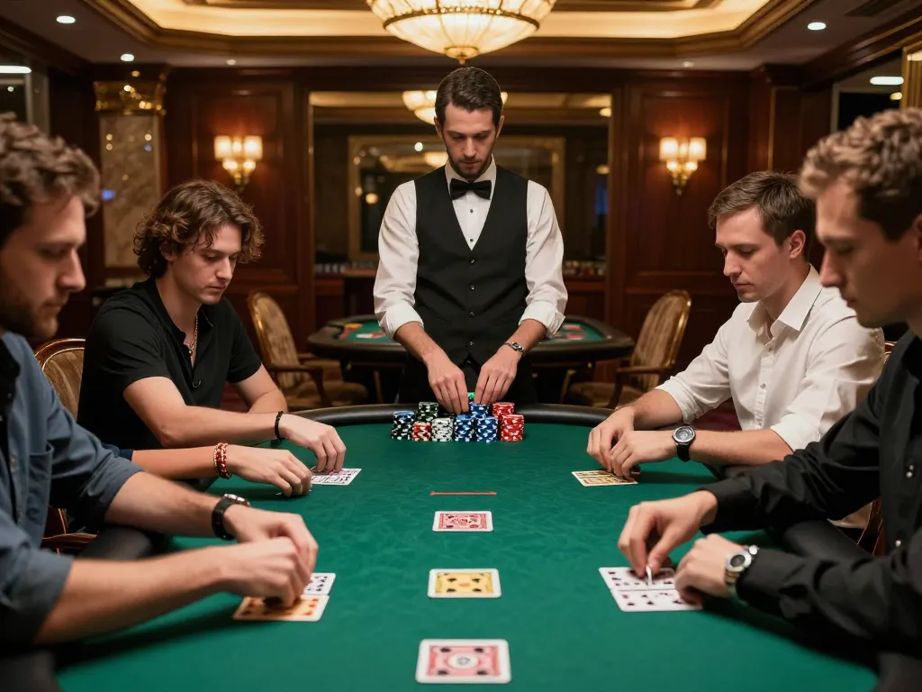 ONE88 players competing intensely at a poker table, dramatic lighting enhancing the high stakes atmosphere.