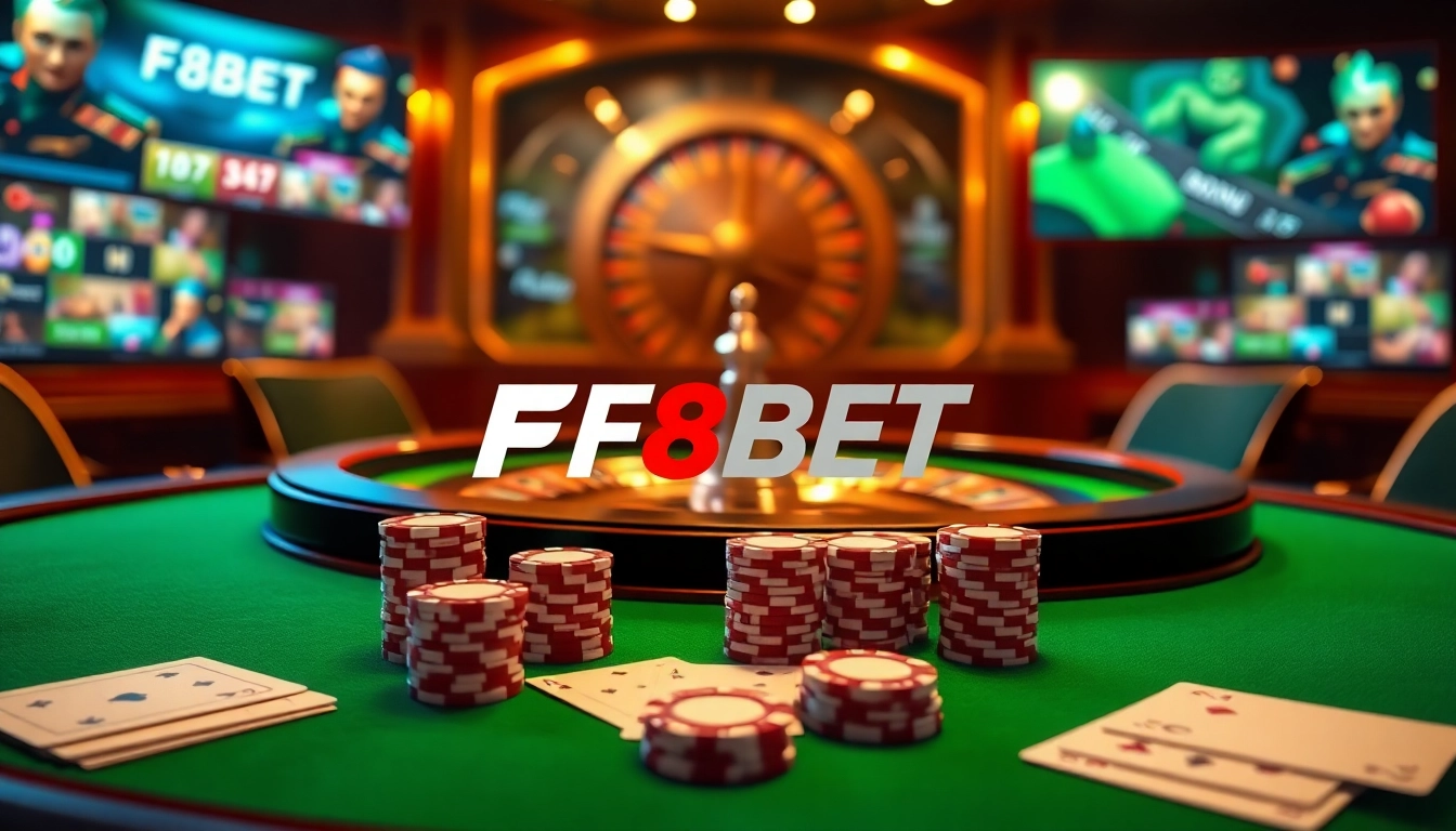 Experience the excitement of F8BET with luxury casino elements, poker chips, and vibrant gaming visuals.