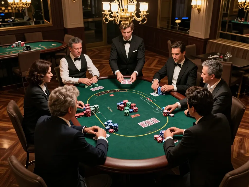 Players engaging intensely at a poker table during a game night at 888NEW casino, embodying strategic gameplay.